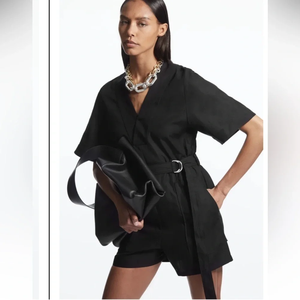 COS Linen Lyocell Belted V Neck Romper Playsuit in Black - Size 12